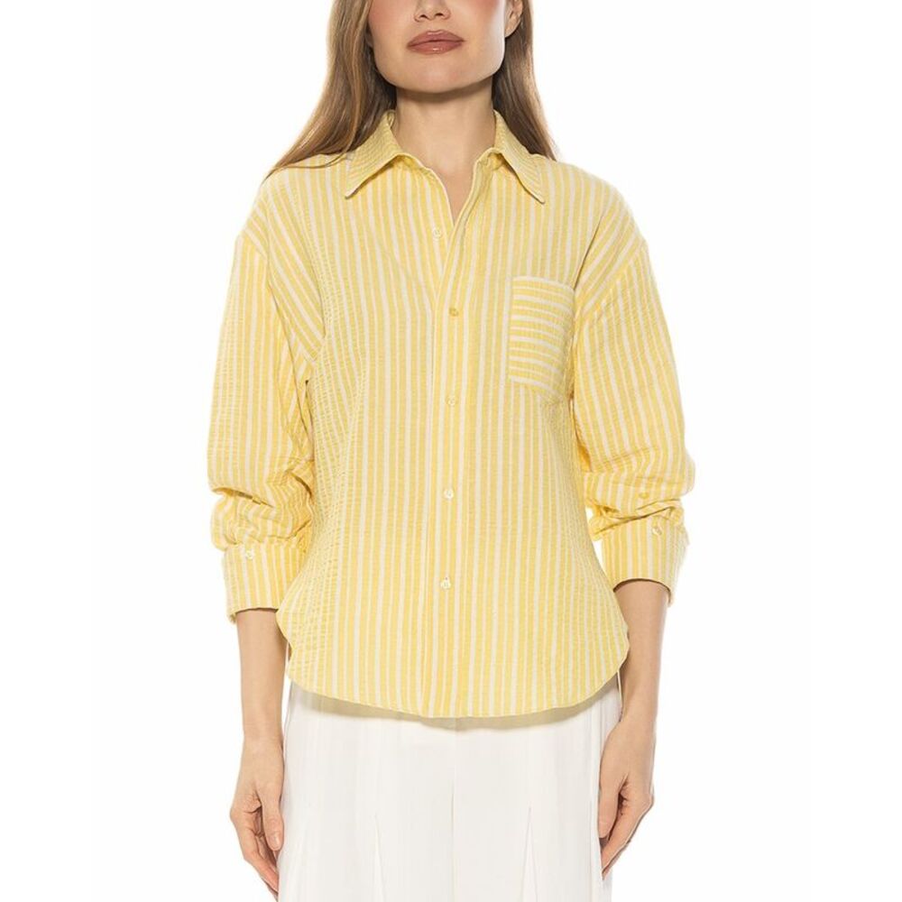 Alexia Admor Womens Tammi Linen-Blend Shirt, Yellow